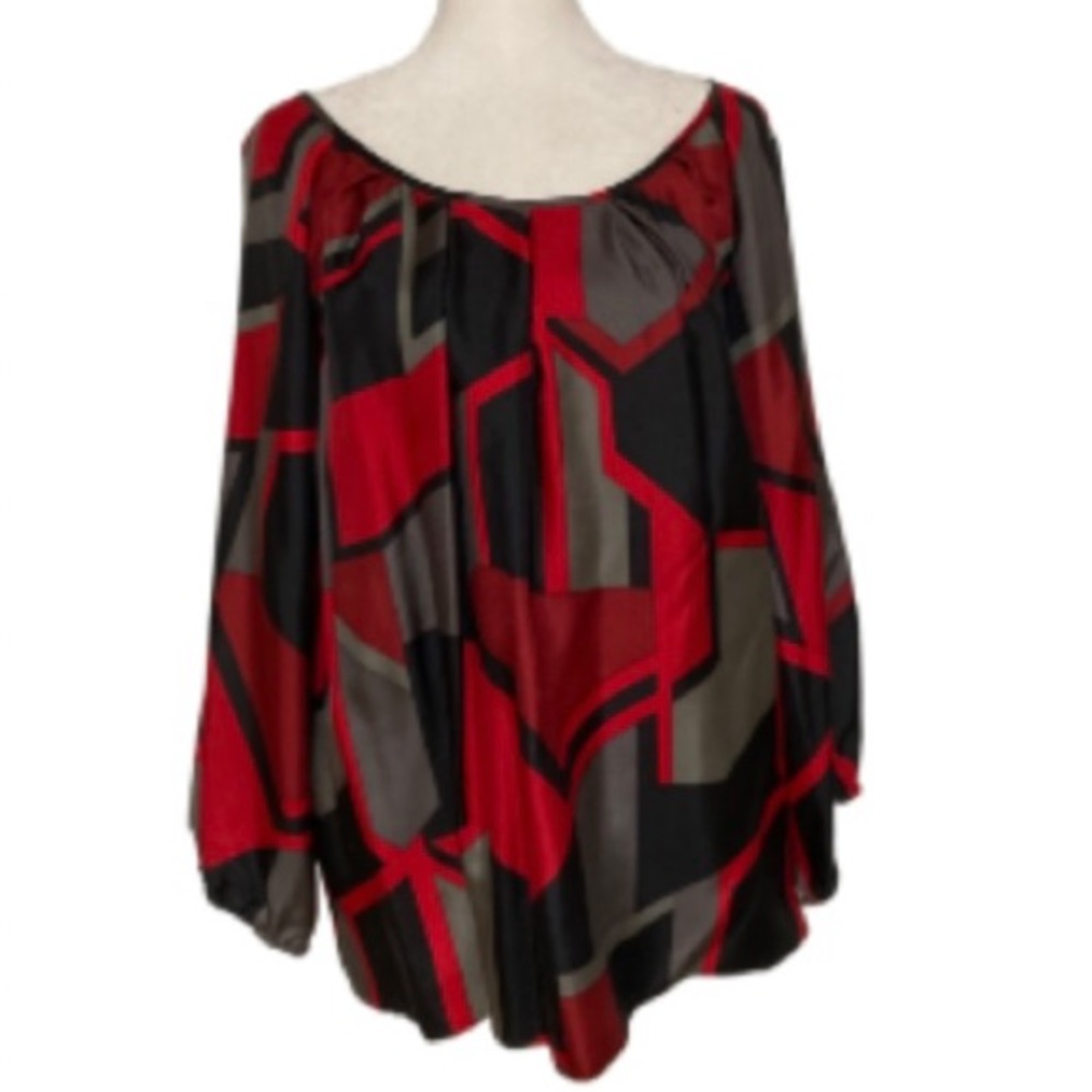 NWT Vintage Anne Klein Silk Red + Black & Gray Blouse Size XL